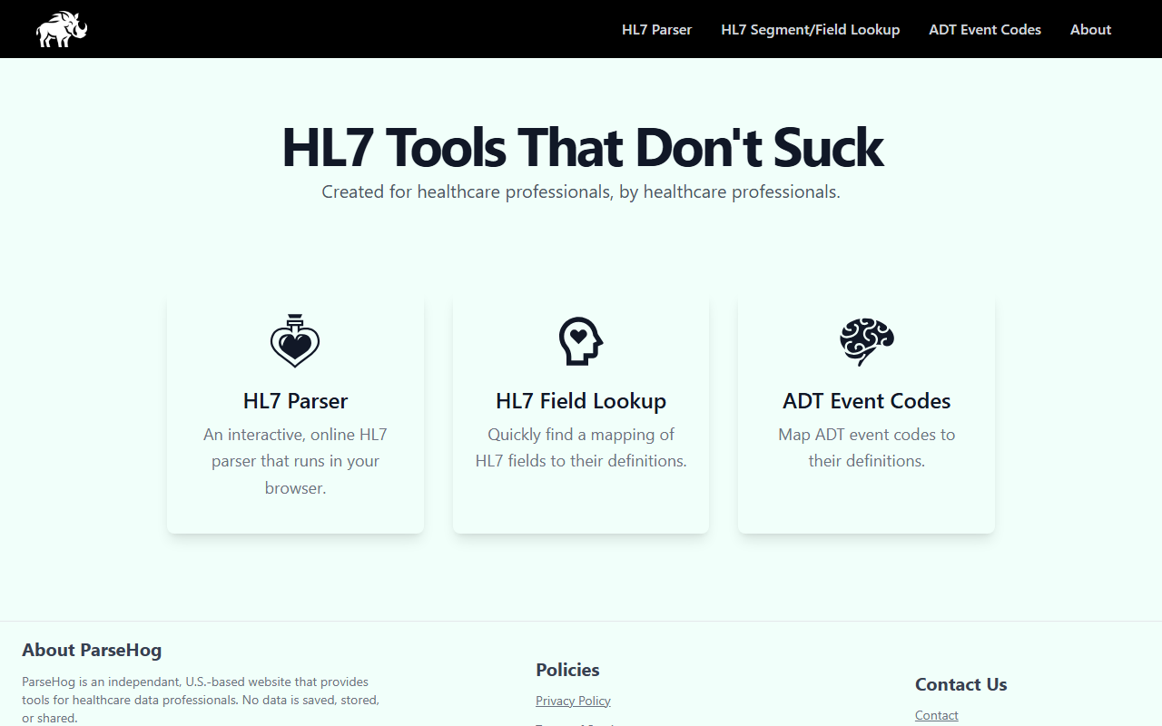 Parse Hog public interface showing HL7 Parser, HL7 Field Lookup, and ADT Event Codes tools.