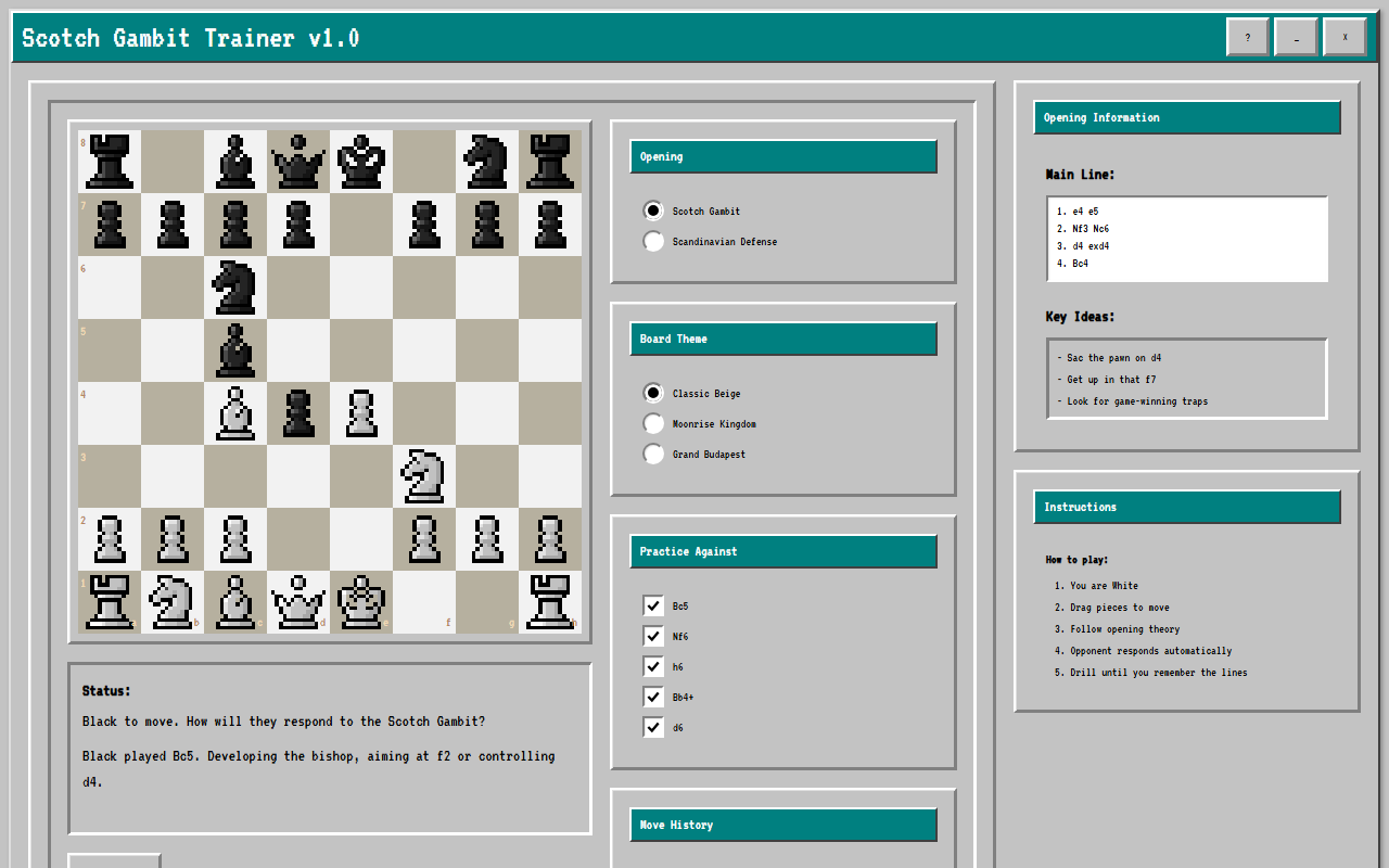 Local project preview showing the Scotch Gambit Trainer chessboard and opening controls.